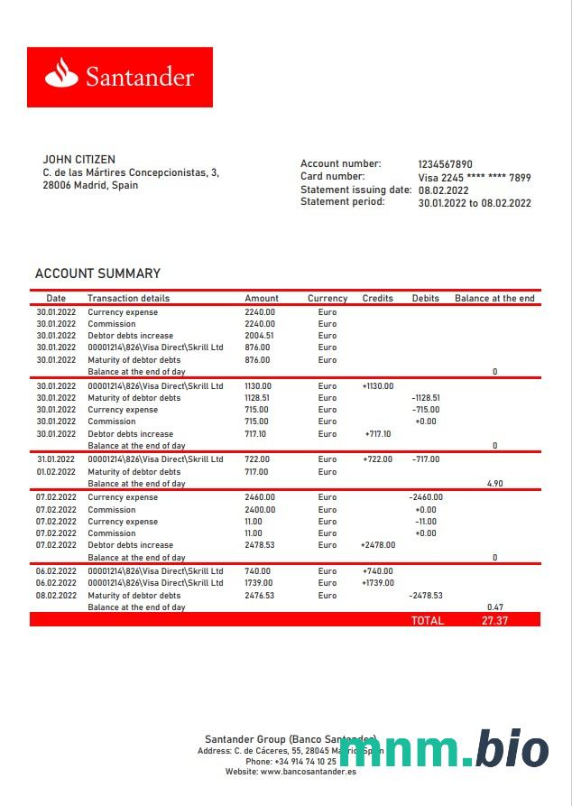 Hiszpania Santander 2 strony szablon w formacie excel pdf